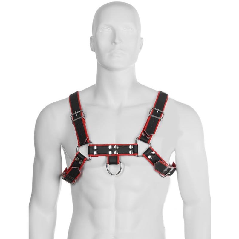 Imagen que nos facilita LEATHER BODY de su producto erótico LEATHER BODY - CHAIN HARNESS III BLACK / RED para nuestra categoría "MODA & LENCERÍA|Lencería Hombre|Arneses Hombre".