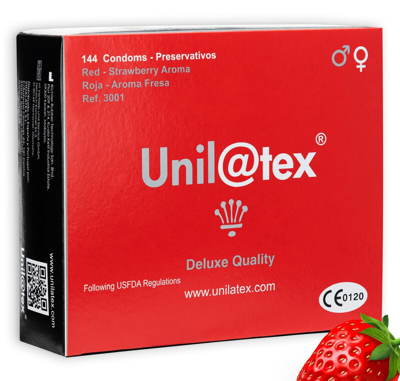 Imagen que nos facilita UNILATEX de su producto erótico UNILATEX - PRESERVATIVOS ROJOS/FRESA 144 UDS para nuestra categoría "PRESERVATIVOS |Sabores".