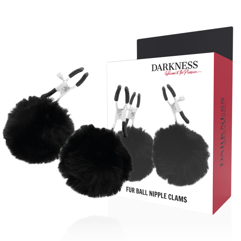 Imagen que nos facilita DARKNESS SENSATIONS de su producto erótico DARKNESS - PINZAS PARA PEZONES CON POMPONES 1 para nuestra categoría "BDSM & BONDAGE |Artículos BDSM|Pinzas Pezones BDSM".