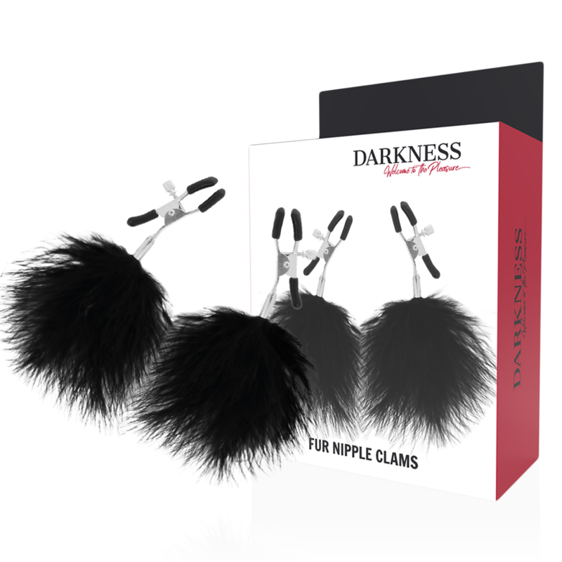 Imagen que nos facilita DARKNESS SENSATIONS de su producto erótico DARKNESS - PINZAS PARA PEZONES CON POMPONES 2 para nuestra categoría "BDSM & BONDAGE |Artículos BDSM|Pinzas Pezones BDSM".