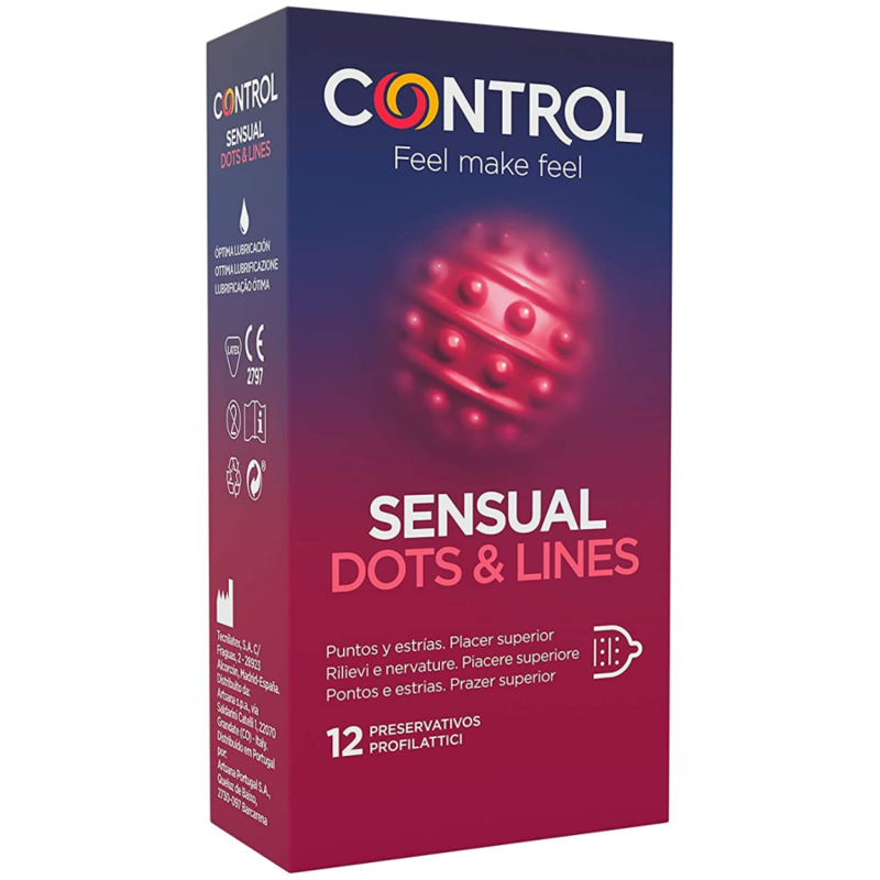 Imagen que nos facilita CONTROL CONDOMS de su producto erótico CONTROL - SENSUAL DOTS & LINES PUNTOS Y ESTRIAS 12 UDS para nuestra categoría "PRESERVATIVOS |Puntos y Estrías".