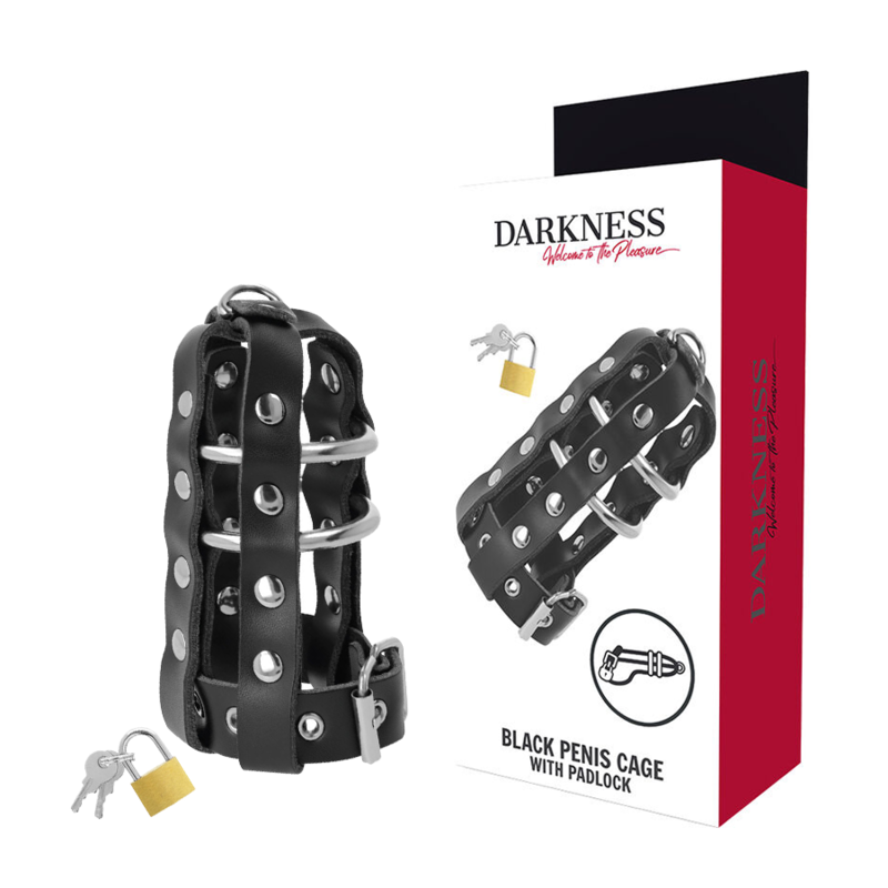 Imagen que nos facilita DARKNESS BONDAGE de su producto erótico DARKNESS - JAULA CASTIDAD CUERO CON CANDADO para nuestra categoría "BDSM & BONDAGE |Artículos BDSM|Jaulas Pene BDSM".