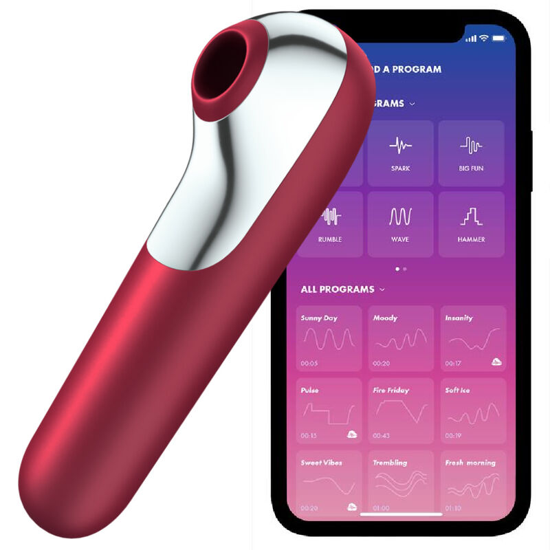 Imagen que nos facilita SATISFYER CONNECT de su producto erótico SATISFYER - DUAL LOVE VIBRADOR Y SUCCIONADOR CON AIRE PULSADO ROJO para nuestra categoría "JUGUETES BIENESTAR |Vibradores|Vibradores con APP".