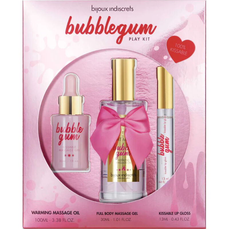 Imagen que nos facilita BIJOUX LOVE COSMETIQUES de su producto erótico BIJOUX - INDISCRETS BUBBLEGUM PLAY KIT CON ACEITE GEL & BRILLO DE LABIOS para nuestra categoría "DROGUERÍA |Para Masajes|Kits de masaje".