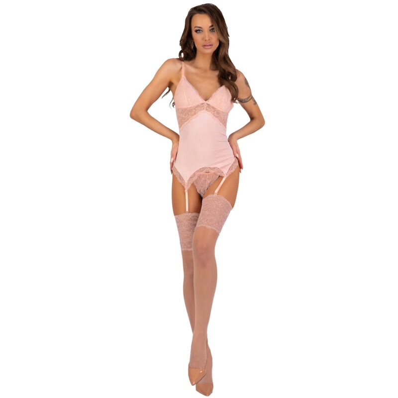 Imagen que nos facilita LIVCO CORSETTI SETS de su producto erótico LIVCO CORSETTI FASHION - PERSINNE PEACH SET CORSET + PANTY + MEDIAS S/M para nuestra categoría "MODA & LENCERÍA|Lencería Mujer|Lencería Picante|Conjunto de lencería sexy".