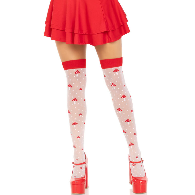 Imagen que nos facilita LEG AVENUE HOSIERY de su producto erótico LEG AVENUE - CALCETINES ALTOS CHAMPIÑONES ROJO/BLANCO para nuestra categoría "MODA & LENCERÍA|Lencería Mujer|Lencería Sexy|Medias".