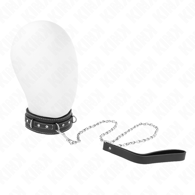 Imagen que nos facilita KINK COLLAR & GAG de su producto erótico KINK - COLLAR CON CORREA 105 CM DE PIEL DE PVC REMACHE DE DIAMANTES DE IMITACIÓN 41.5 X 4 CM para nuestra categoría "BDSM & BONDAGE |Bondage|Collares".