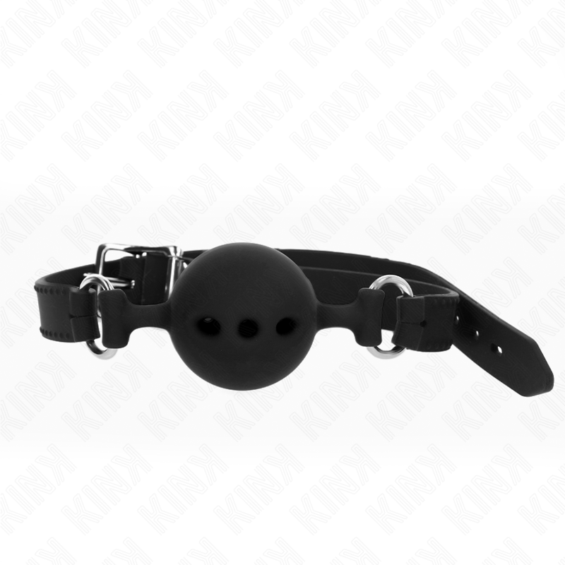 Imagen que nos facilita KINK COLLAR & GAG de su producto erótico KINK - MORDAZA 55 x 2 CM DE BOLA 5 CM DE SILICONA COMPLETA TALLA L NEGRO AJUSTABLE 35-51 CM para nuestra categoría "BDSM & BONDAGE |Bondage|Mordazas".