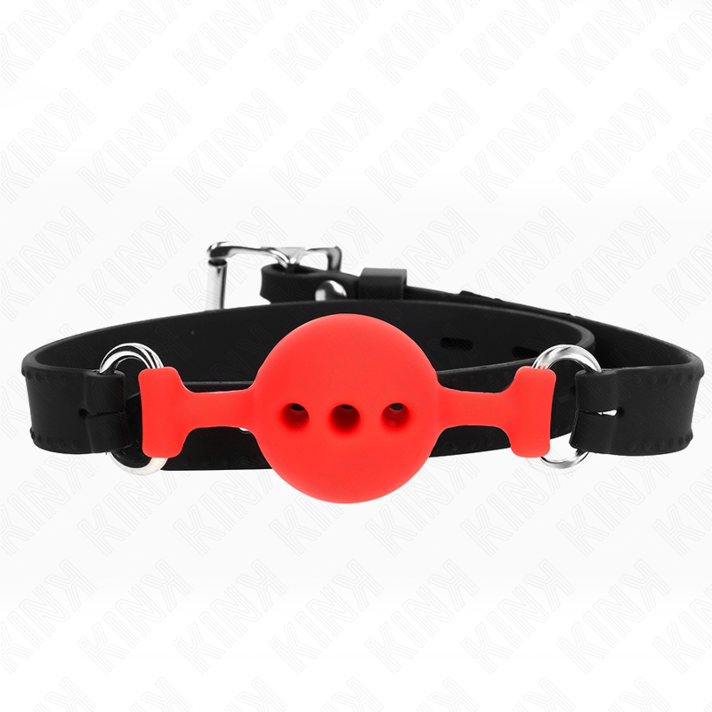 Imagen que nos facilita KINK COLLAR & GAG de su producto erótico KINK - MORDAZA 55 x 2 CM DE BOLA 4 CM DE SILICONA COMPLETA TALLA S ROJO AJUSTABLE 35-51 CM para nuestra categoría "BDSM & BONDAGE |Bondage|Mordazas".