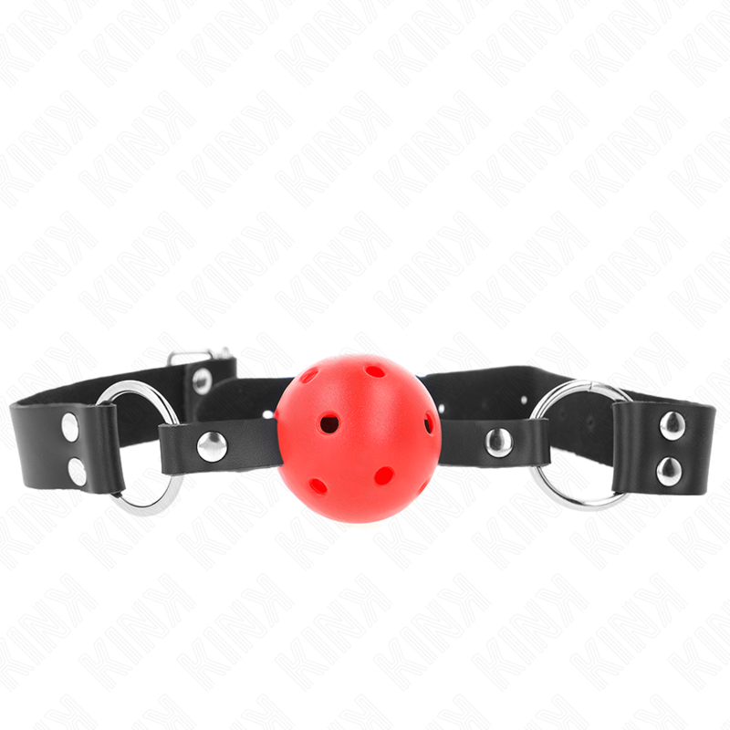 Imagen que nos facilita KINK COLLAR & GAG de su producto erótico KINK - MORDAZA DE BOLA 4 CM TRANSPIRABLE CON DOBLE REMACHE ROJO 62 x 2.5 CM AJUSTABLE 42-58 CM para nuestra categoría "BDSM & BONDAGE |Bondage|Mordazas".