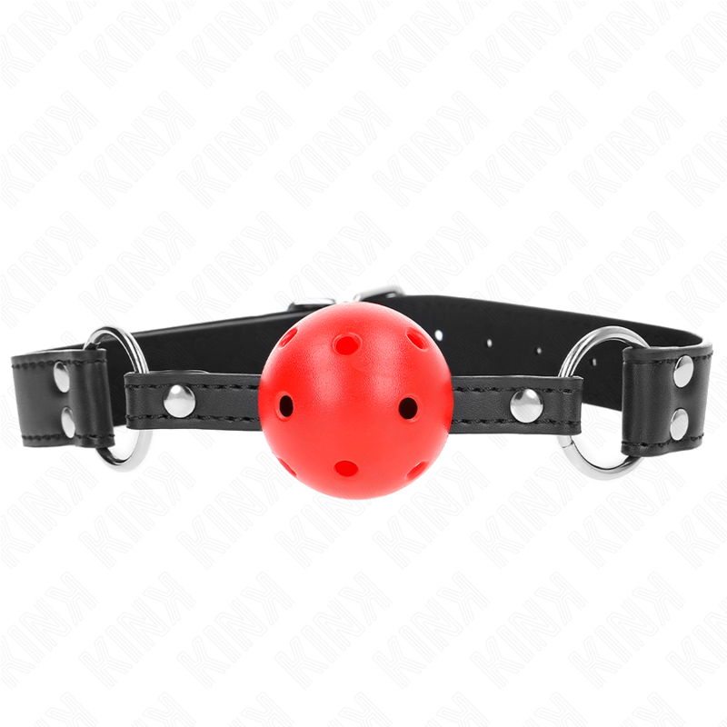 Imagen que nos facilita KINK COLLAR & GAG de su producto erótico KINK - MORDAZA DE BOLA 4 CM TRANSPIRABLE CON DOBLE REMACHE DE CUERO 62 x 2.5 CM AJUSTABLE 42-58 CM para nuestra categoría "BDSM & BONDAGE |Bondage|Mordazas".