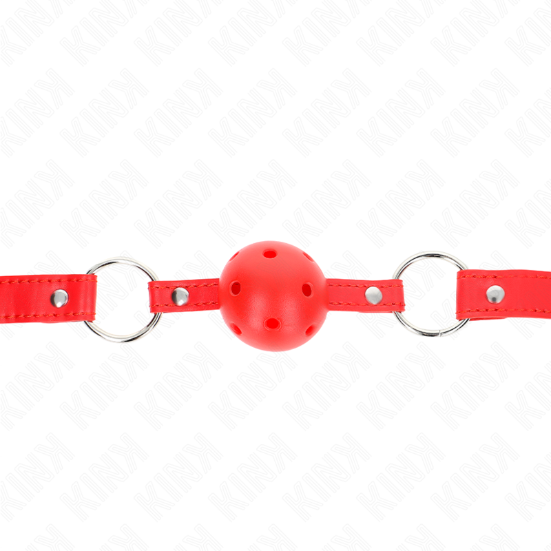 Imagen que nos facilita KINK COLLAR & GAG de su producto erótico KINK - MORDAZA DE BOLA 4 CM TRANSPIRABLE CON DOBLE REMACHE MODELO 1 ROJO 62 x 2.5 CM AJUSTABLE 42-58 CM para nuestra categoría "BDSM & BONDAGE |Bondage|Mordazas".