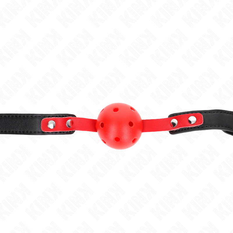 Imagen que nos facilita KINK COLLAR & GAG de su producto erótico KINK - MORDAZA DE BOLA 4 CM DURA HUECA ROJO CORREA NEGRA 60 x 2 CM AJUSTABLE 37-52 CM para nuestra categoría "BDSM & BONDAGE |Bondage|Mordazas".