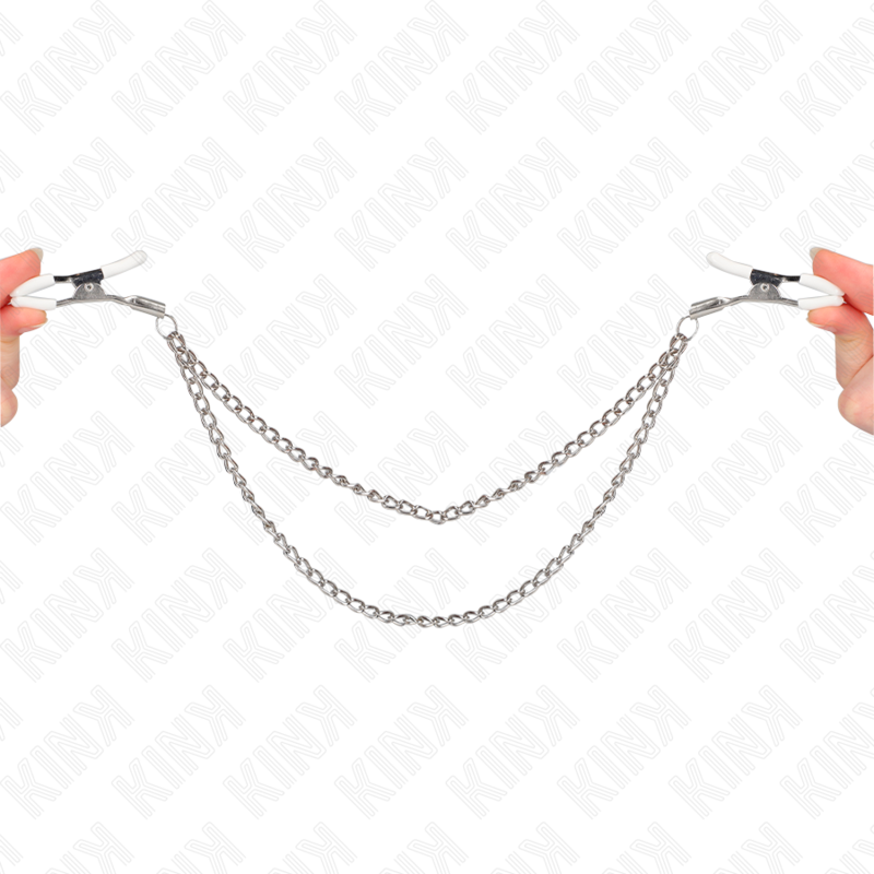 Imagen que nos facilita KINK NIPPLE GRIP de su producto erótico KINK - PINZAS PARA PEZONES CON DOBLE CADENA FINA PLATEADO 20/23 CM para nuestra categoría "BDSM & BONDAGE |Artículos BDSM|Pinzas Pezones BDSM".