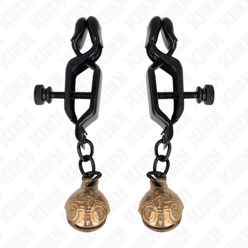 Imagen que nos facilita KINK NIPPLE GRIP de su producto erótico KINK - PINZAS PARA PEZONES PLANAS NEGRO CON CASCABEL 7 CM para nuestra categoría "BDSM & BONDAGE |Artículos BDSM|Pinzas Pezones BDSM".