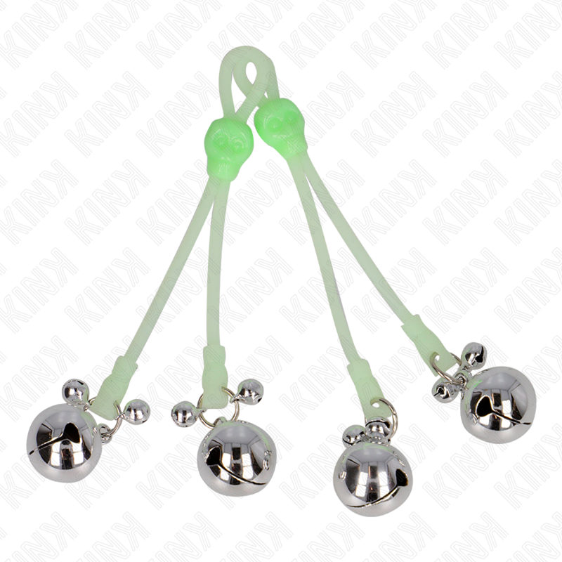 Imagen que nos facilita KINK NIPPLE GRIP de su producto erótico KINK - PINZAS PARA PEZONES LUMINOSAS FORMA CALABERA CON CASCABEL SONORO AJUSTABLE VERDE / PLATEADO para nuestra categoría "BDSM & BONDAGE |Artículos BDSM|Pinzas Pezones BDSM".