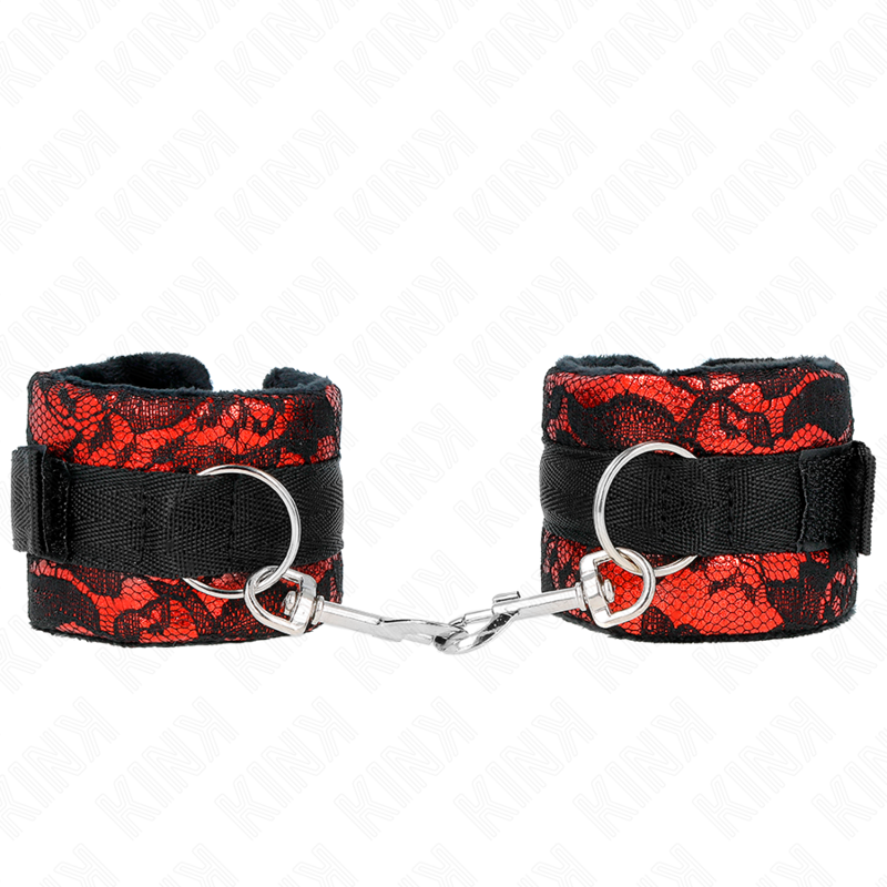 Imagen que nos facilita KINK WRIST RESTRAINT de su producto erótico KINK - MUÑEQUERAS CORTAS DE ENCAJE TERCIOPELO Y UNIÓN DE NYLON ROJO/NEGRO 23 X 6.5 CM para nuestra categoría "BDSM & BONDAGE |Bondage|Esposas de fijación".