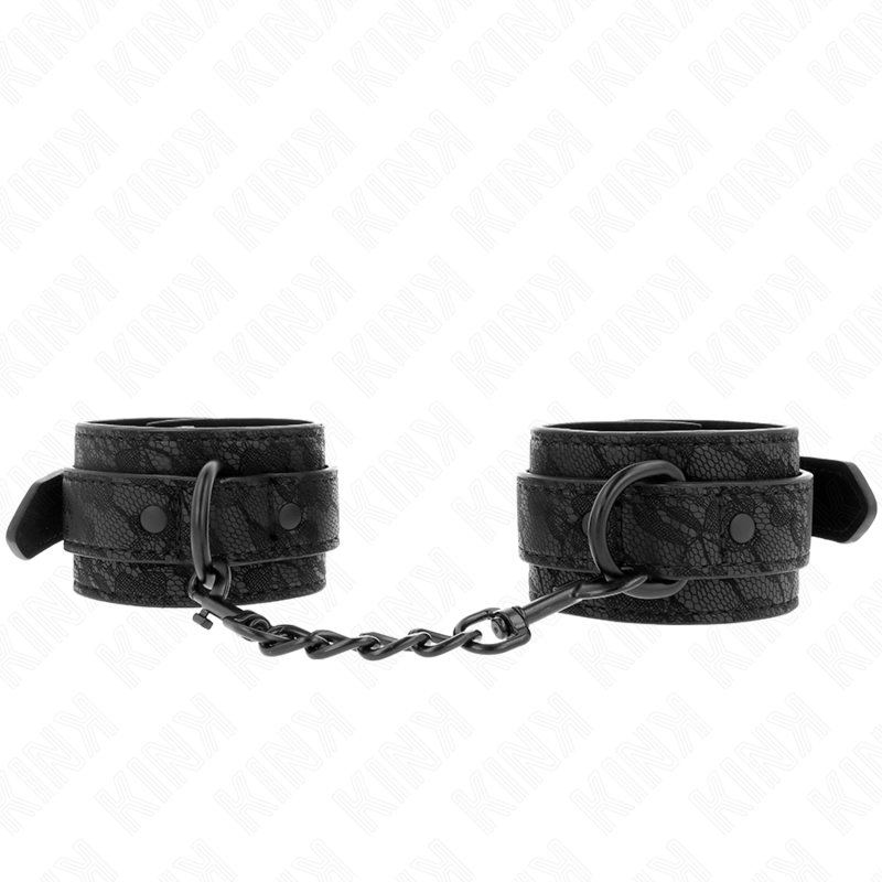 Imagen que nos facilita KINK WRIST RESTRAINT de su producto erótico KINK - MUÑEQUERAS DE ENCAJE AJUSTABLE NEGRO 19-26 CM para nuestra categoría "BDSM & BONDAGE |Bondage|Esposas de fijación".