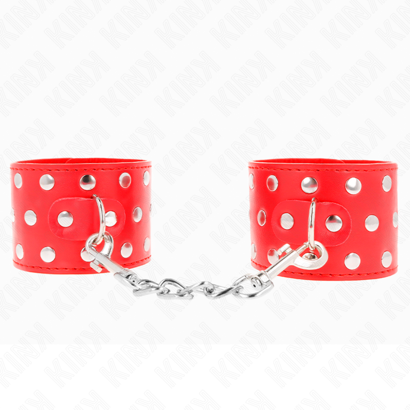 Imagen que nos facilita KINK WRIST RESTRAINT de su producto erótico KINK - MUÑEQUERAS CON CIERRE A PRESIÓN LLENO DE TACHUELAS AJUSTABLE ROJO 19-24 CM X 5.5 CM para nuestra categoría "BDSM & BONDAGE |Bondage|Esposas de fijación".