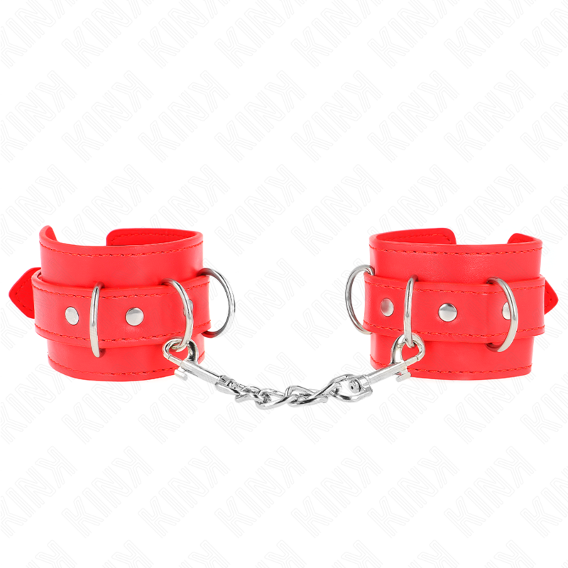 Imagen que nos facilita KINK WRIST RESTRAINT de su producto erótico KINK - MUÑEQUERAS CON 3 ANILLAS EN D AJUSTABLE ROJO 17.5-25 CM X 6 CM para nuestra categoría "BDSM & BONDAGE |Bondage|Esposas de fijación".