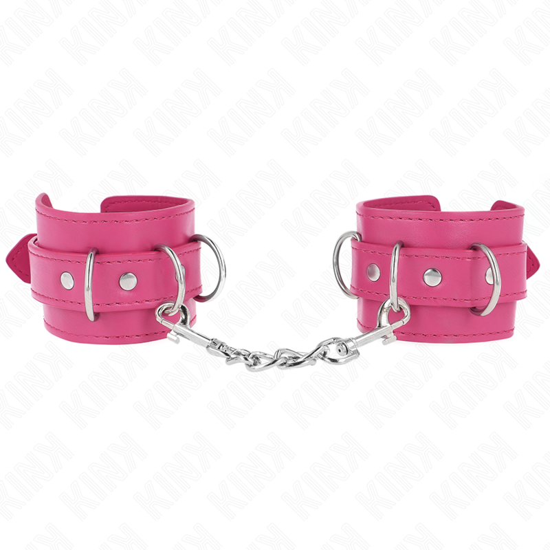 Imagen que nos facilita KINK WRIST RESTRAINT de su producto erótico KINK - MUÑEQUERAS CON 3 ANILLAS EN D AJUSTABLE ROSA 17.5-25 CM X 6 CM para nuestra categoría "BDSM & BONDAGE |Bondage|Esposas de fijación".