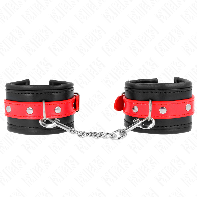 Imagen que nos facilita KINK WRIST RESTRAINT de su producto erótico KINK - MUÑEQUERAS NEGRO CON CORREA ROJO AJUSTABLE 17-28 CM X 6 CM para nuestra categoría "BDSM & BONDAGE |Bondage|Esposas de fijación".