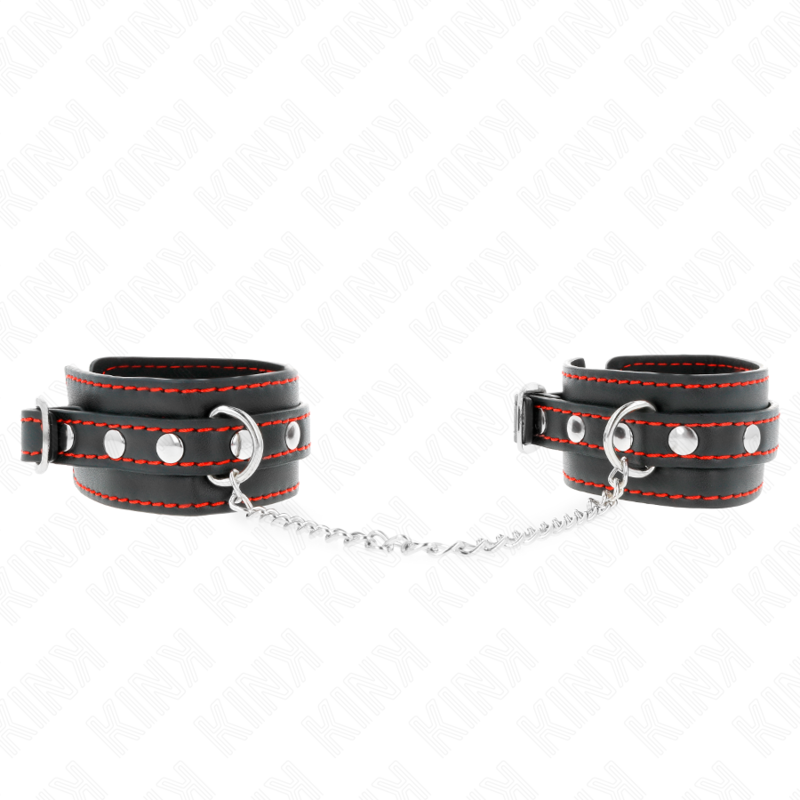 Imagen que nos facilita KINK WRIST RESTRAINT de su producto erótico KINK - MUÑEQUERAS PEQUEÑA NEGRO CON DETALLES EN ROJO AJUSTABLE 14-24 CM X 3.5 CM para nuestra categoría "BDSM & BONDAGE |Bondage|Esposas de fijación".