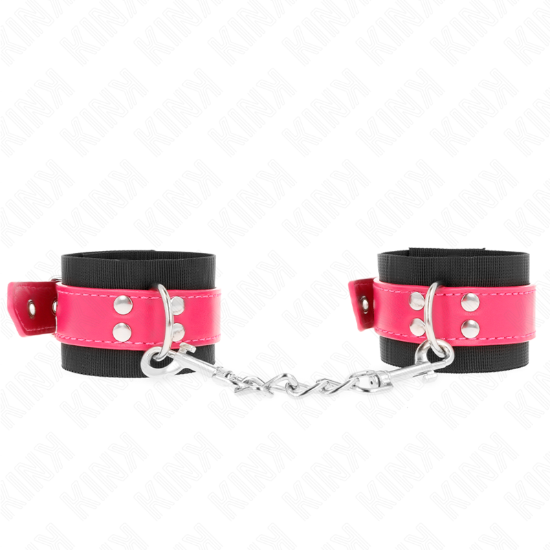 Imagen que nos facilita KINK WRIST RESTRAINT de su producto erótico KINK - MUÑEQUERAS DE NYLON NEGRO CON CORREA POLIPIEL FUSCIA AJUSTABLE 19-29 CM X 5.1 CM para nuestra categoría "BDSM & BONDAGE |Bondage|Esposas de fijación".