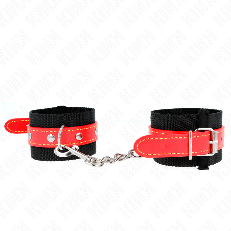 Imagen que nos facilita KINK WRIST RESTRAINT de su producto erótico KINK - MUÑEQUERAS DE NYLON NEGRO CON CORREA POLIPIEL ROJO AJUSTABLE 19-24 CM X 5.5 CM para nuestra categoría "BDSM & BONDAGE |Bondage|Esposas de fijación".