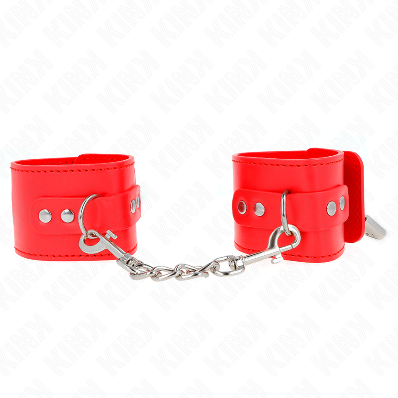 Imagen que nos facilita KINK WRIST RESTRAINT de su producto erótico KINK - MUÑEQUERAS CON CIERRE CANDADO ROJO AJUSTABLE 16-23 CM X 5.5 CM para nuestra categoría "BDSM & BONDAGE |Bondage|Esposas de fijación".