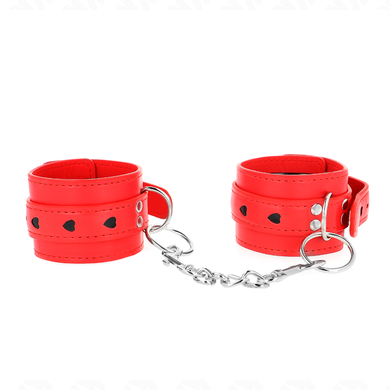 Imagen que nos facilita KINK WRIST RESTRAINT de su producto erótico KINK - MUÑEQUERAS ROJO CON INCRUSTACIÓN DE CORAZÓN NEGRO AJUSTABLE 21-28 CM X 5.5 CM para nuestra categoría "BDSM & BONDAGE |Bondage|Esposas de fijación".