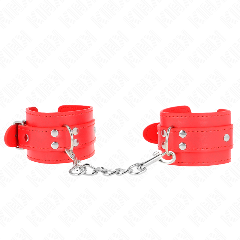 Imagen que nos facilita KINK WRIST RESTRAINT de su producto erótico KINK - MUÑEQUERAS SENCILLAS ROJO AJUSTABLE 20-23 CM X 5.5 CM para nuestra categoría "BDSM & BONDAGE |Bondage|Esposas de fijación".