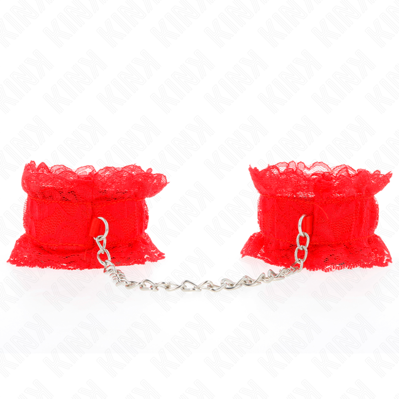 Imagen que nos facilita KINK WRIST RESTRAINT de su producto erótico KINK - MUÑEQUERAS ELÁSTICAS DE ENCAJE ROJO para nuestra categoría "BDSM & BONDAGE |Bondage|Esposas de fijación".