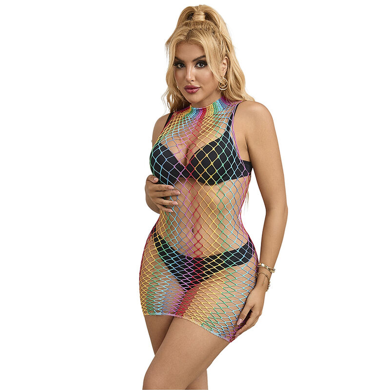 Imagen que nos facilita SUBBLIME DRESSES de su producto erótico SUBBLIME - 952433 VESTIDO DE REJILLA SIN MANGAS CON CUELLO ALTO ARCOIRIS TALLA ÚNICA para nuestra categoría "MODA & LENCERÍA|Lencería Mujer|Lencería Picante|Vestidos Sexys".