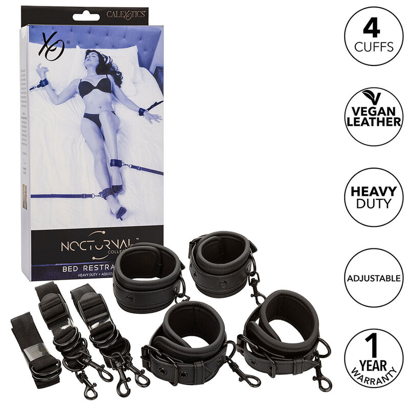 Imagen que nos facilita CALEXOTICS de su producto erótico CALEXOTICS - NOCTURNAL RESTRICCIONES DE CAMA CUERO AJUSTABLE NEGRO para nuestra categoría "BDSM & BONDAGE |Bondage|Sets Bondage".