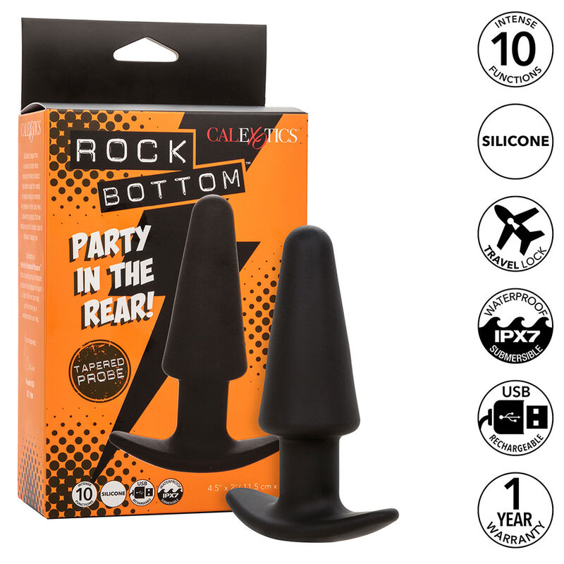 Imagen que nos facilita CALEXOTICS de su producto erótico CALEXOTICS - ROCK BOTTOM PLUG ANAL CÓNICO 10 VIBRACIONES SILICONA NEGRO para nuestra categoría "JUGUETES BIENESTAR |Anal|Plugs Anales".