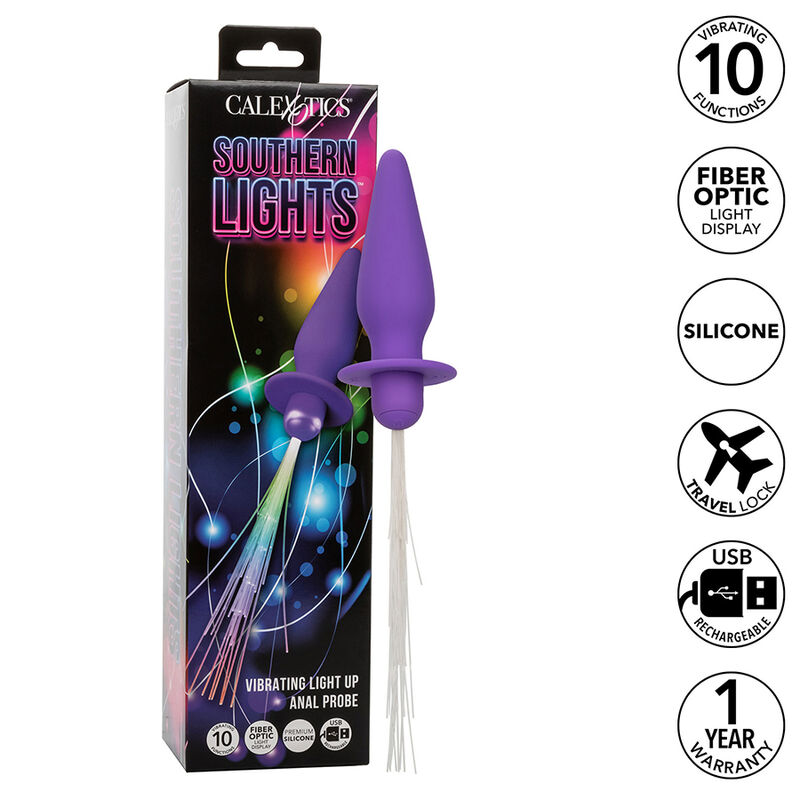 Imagen que nos facilita CALEXOTICS de su producto erótico CALEXOTICS - SOUTHERN LIGHTS LIGHT UP PLUG ANAL CON LUCES 10 VIBRACIONES SILICONA VIOLETA para nuestra categoría "JUGUETES BIENESTAR |Anal|Plugs Anales".