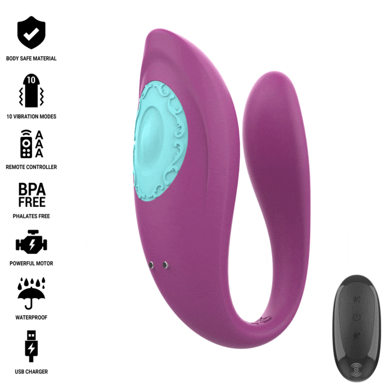 Imagen que nos facilita INTENSE COUPLES TOYS de su producto erótico INTENSE - ANNIE ESTIMULADOR & VIBRADOR FORMA DE U MORADO CONTROL REMOTO para nuestra categoría "JUGUETES BIENESTAR |Vibradores|Vibrador Parejas U".