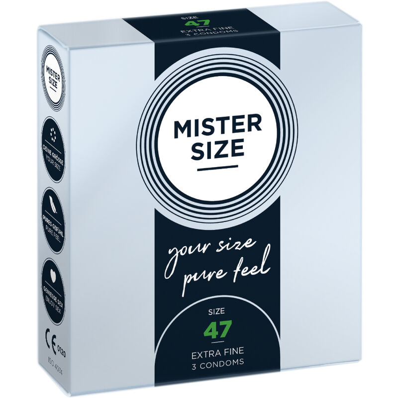 Imagen que nos facilita MISTER SIZE de su producto erótico MISTER SIZE - PRESERVATIVOS TALLA XS 47 MM (3 UNIDADES) para nuestra categoría "PRESERVATIVOS |Todos los tamaños de cajas|Cajas de 3".