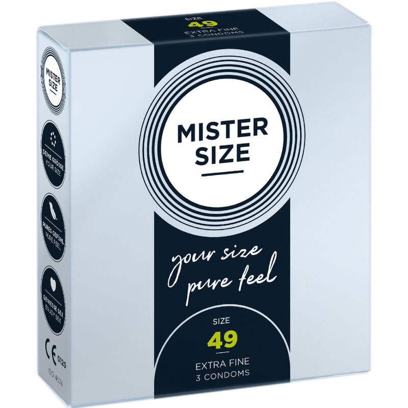 Imagen que nos facilita MISTER SIZE de su producto erótico MISTER SIZE - PRESERVATIVOS TALLA S 49 MM (3 UNIDADES) para nuestra categoría "PRESERVATIVOS |Todos los tamaños de cajas|Cajas de 3".