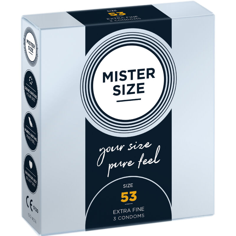 Imagen que nos facilita MISTER SIZE de su producto erótico MISTER SIZE - PRESERVATIVOS TALLA M 53 MM (3 UNIDADES) para nuestra categoría "PRESERVATIVOS |Todos los tamaños de cajas|Cajas de 3".