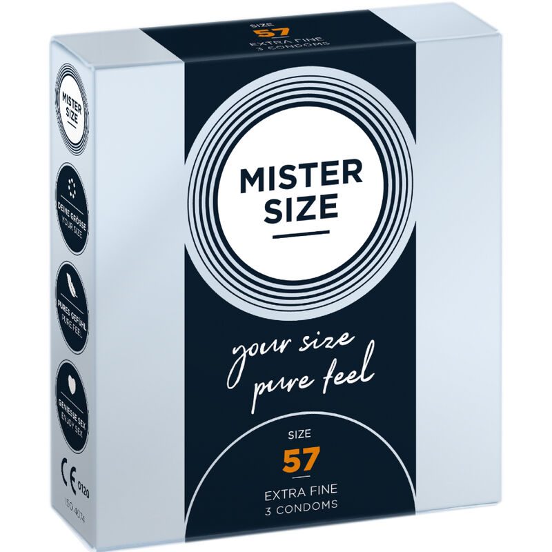 Imagen que nos facilita MISTER SIZE de su producto erótico MISTER SIZE - PRESERVATIVOS TALLA L 57 MM (3 UNIDADES) para nuestra categoría "PRESERVATIVOS |Todos los tamaños de cajas|Cajas de 3".