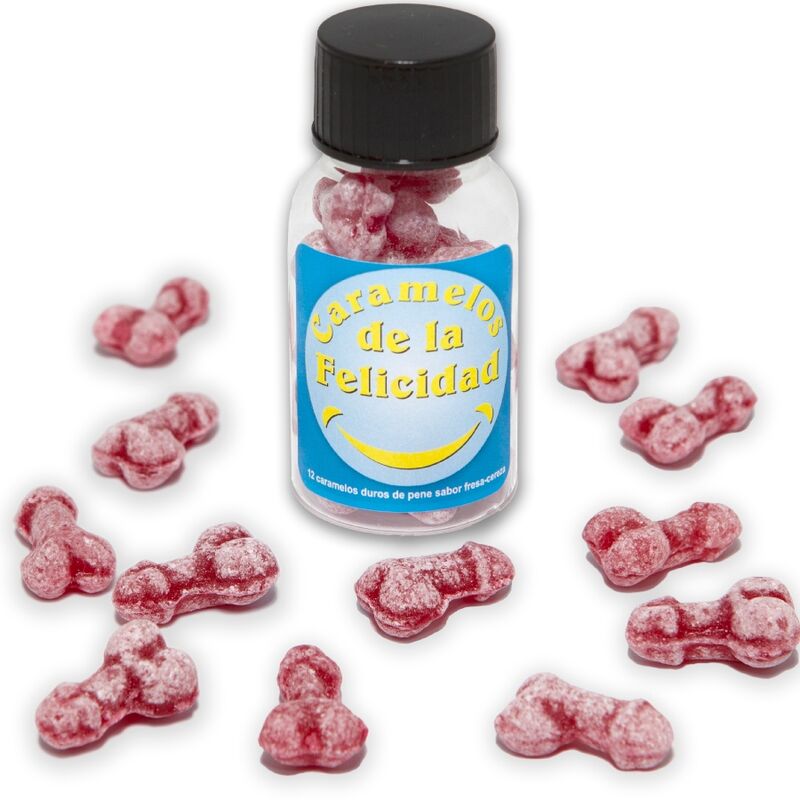 Imagen que nos facilita DIABLO PICANTE de su producto erótico DIABLO PICANTE - BOTE 12 CARAMELOS DE LA FELICIDAD FORMA PENE FRESA/CEREZA para nuestra categoría "ARTÍCULOS VARIOS|Articulos divertidos|Juegos Despedidas".