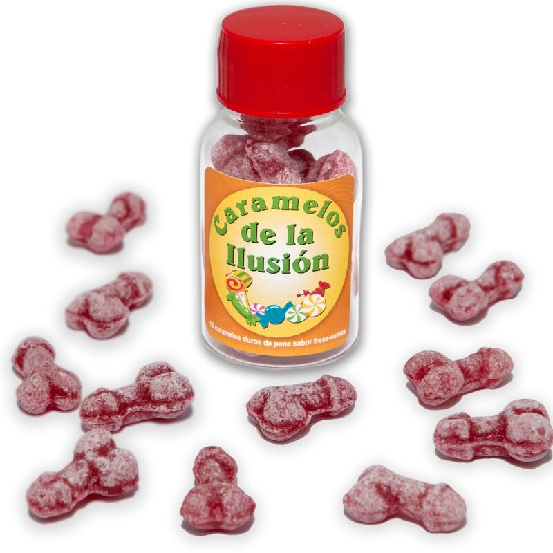 Imagen que nos facilita DIABLO PICANTE de su producto erótico DIABLO PICANTE - 12 CARAMELOS DE LA ILUSIÓN FORMA PENE FRESA/CEREZA para nuestra categoría "ARTÍCULOS VARIOS|Articulos divertidos|Juegos Despedidas".