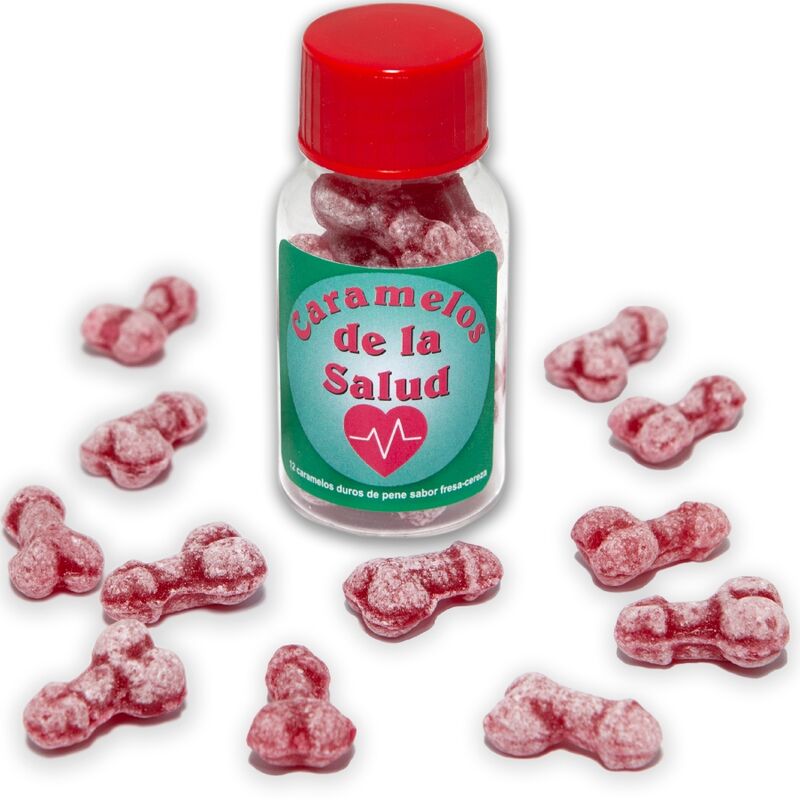 Imagen que nos facilita DIABLO PICANTE de su producto erótico DIABLO PICANTE - 12 CARAMELOS DE LA SALUD FORMA PENE FRESA/CEREZA para nuestra categoría "ARTÍCULOS VARIOS|Articulos divertidos|Juegos Despedidas".