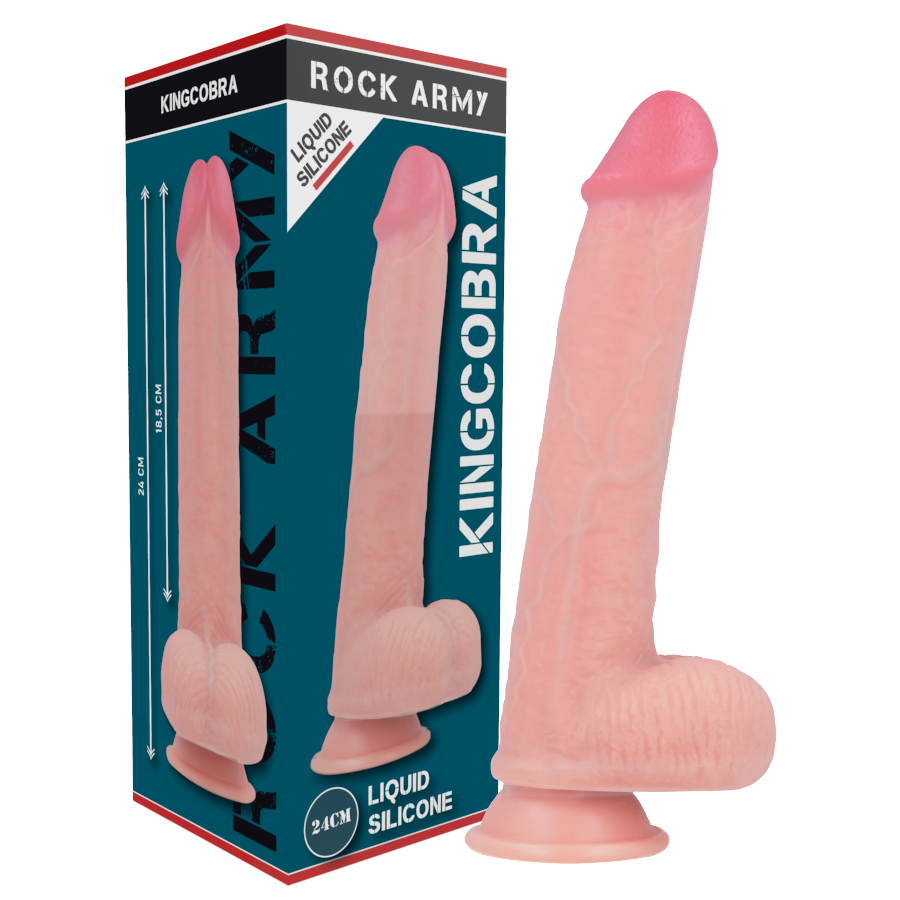 Imagen que nos facilita ROCK ARMY de su producto erótico ROCKARMY - KINGCOBRA DILDO REALISTICO LIQUID SILICONE 24 CM -O- 4.77 CM para nuestra categoría "JUGUETES BIENESTAR |Dildos sin Vibración|Penes realisticos".